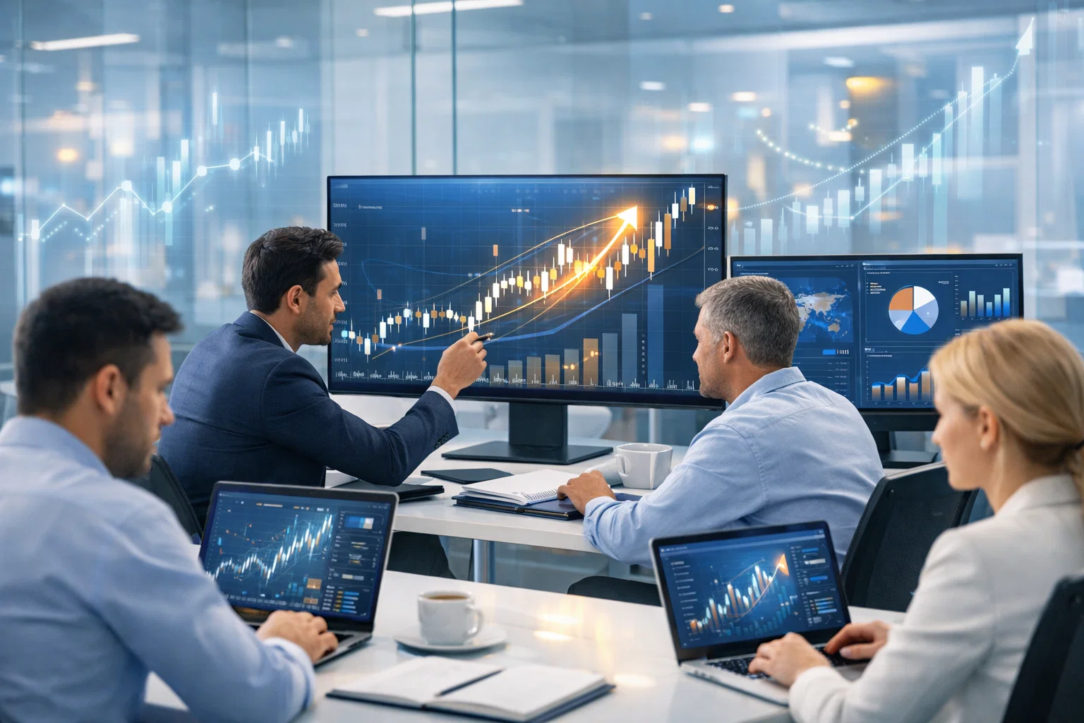 CFD forex broker SEO performance analysis with team reviewing organic growth and trading charts.
