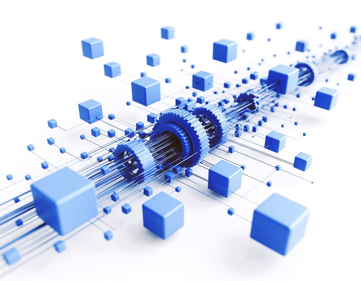 Blue geometric shapes linked by gears — illustrating the inner workings of a content distribution engine.